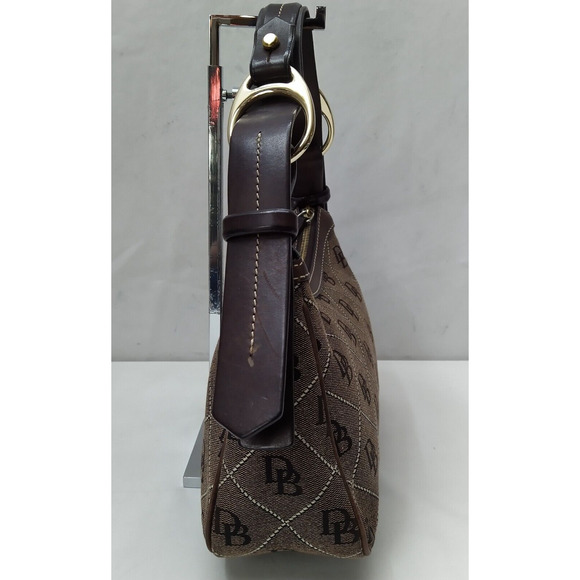 Dooney & Bourke Brown Canvas Leather Trim DB Printed Zipper Hobo Shoulder Bag - Picture 4 of 16